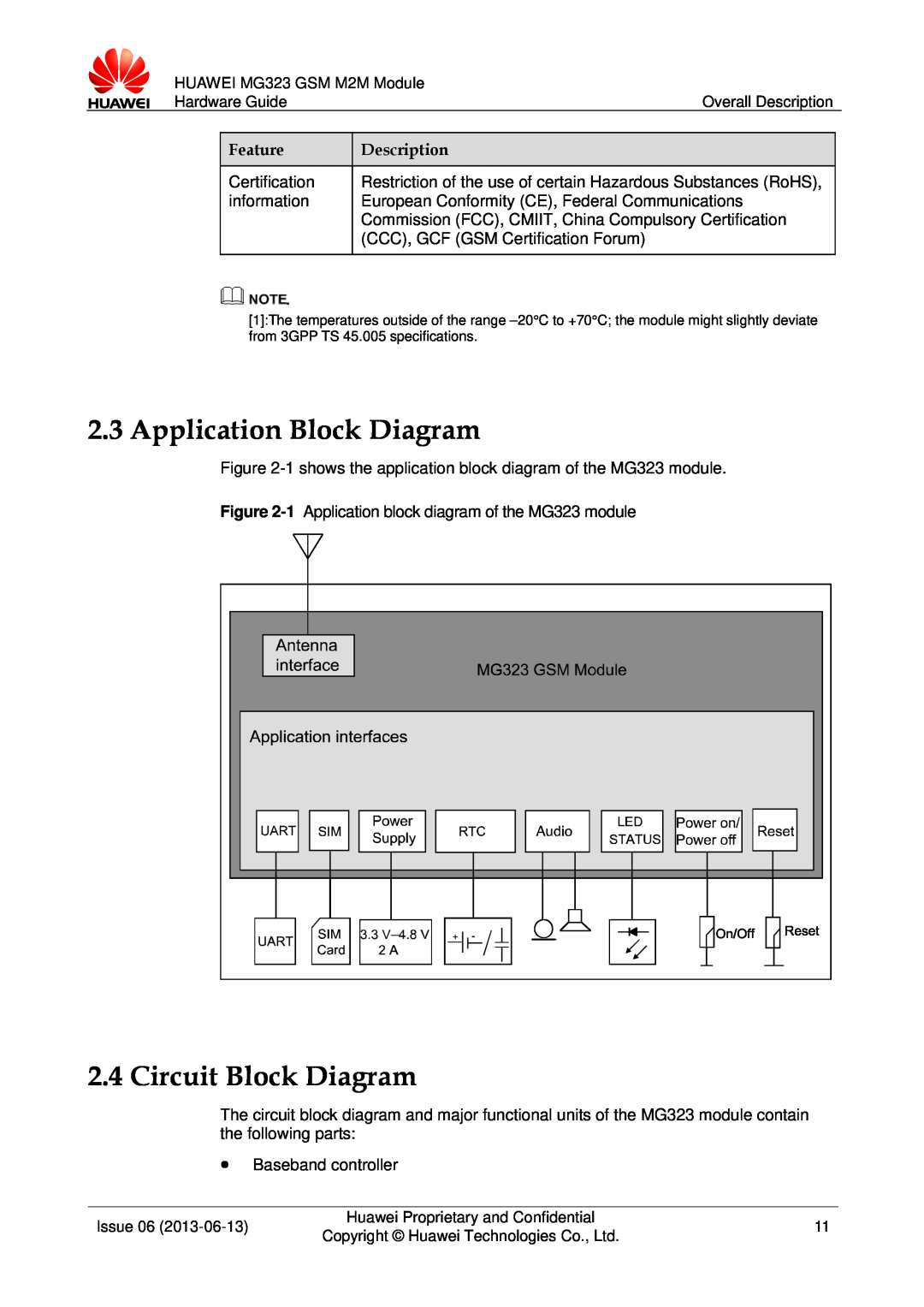Huawei MG323 manual Application Block Diagram, Circuit Block Diagram, Feature, Description 