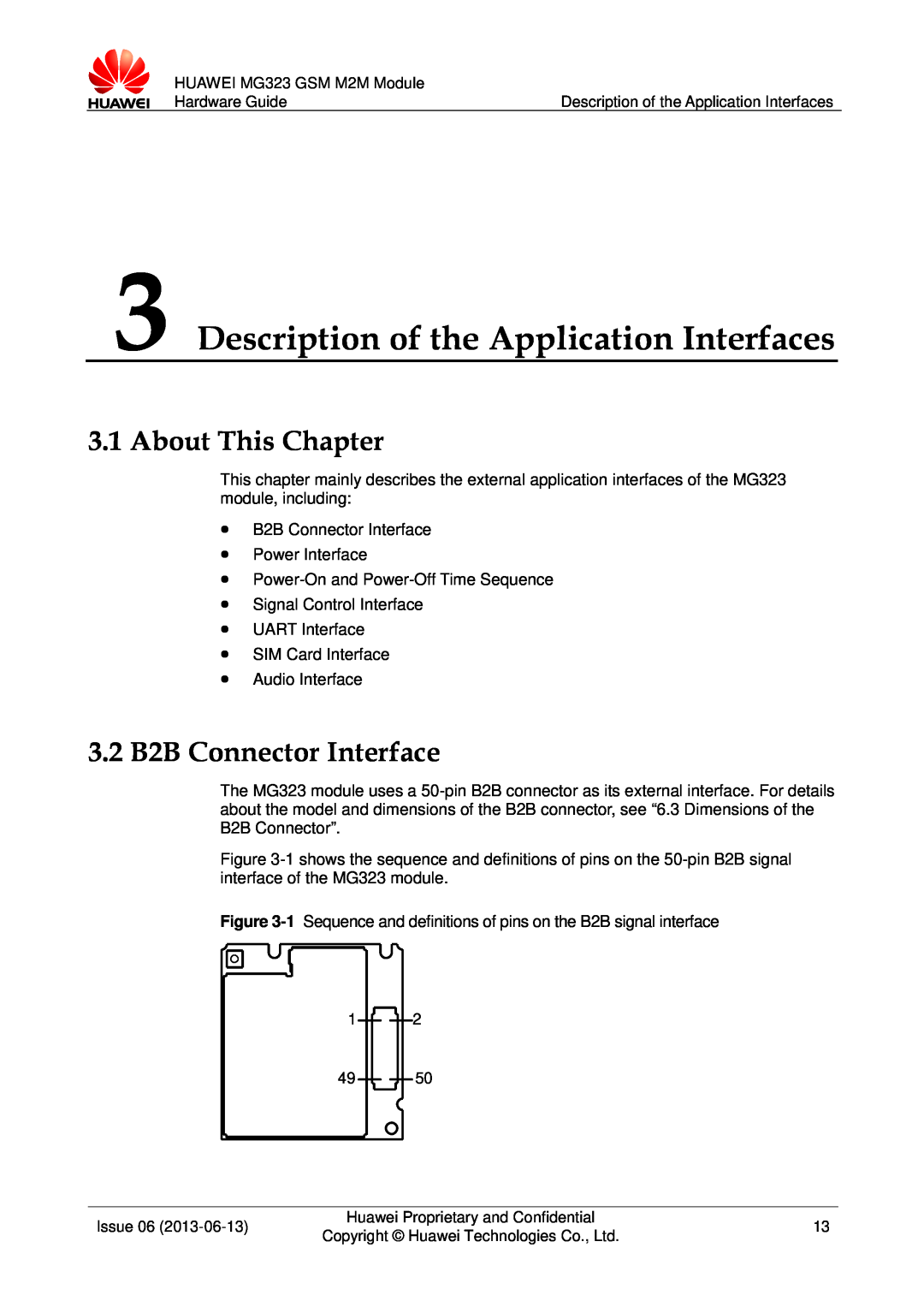 Huawei MG323 manual Description of the Application Interfaces, About This Chapter, 3.2 B2B Connector Interface 
