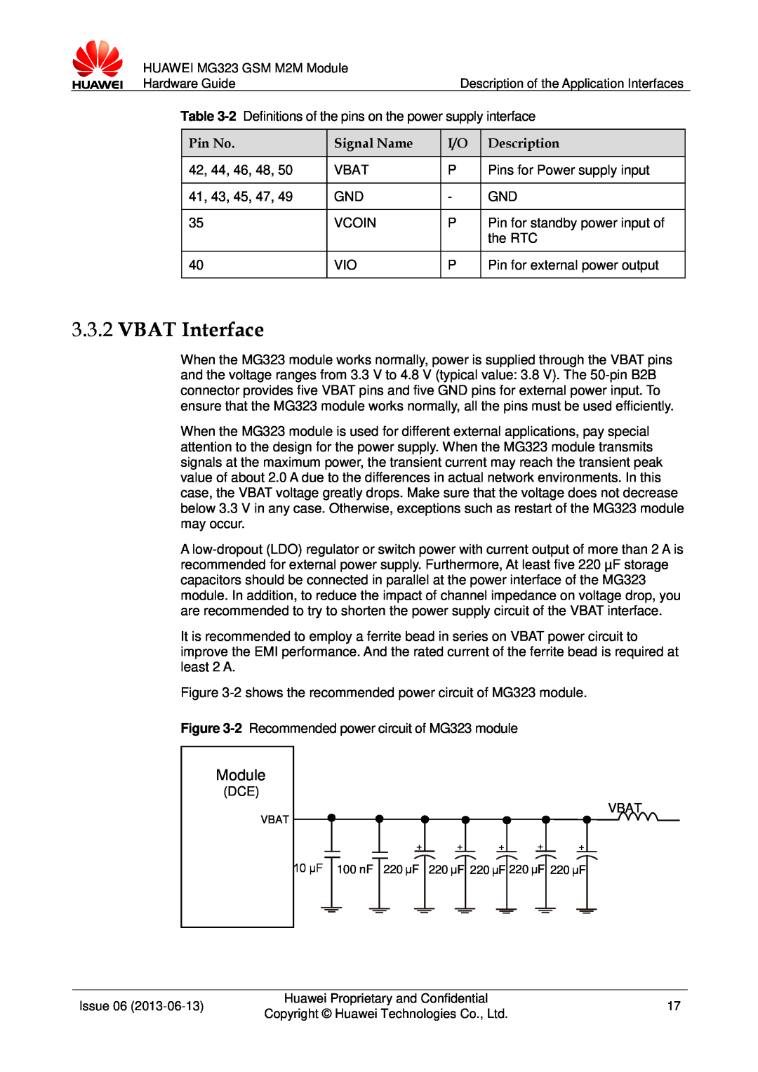 Huawei MG323 manual VBAT Interface, Module, Pin No, Signal Name, Description 