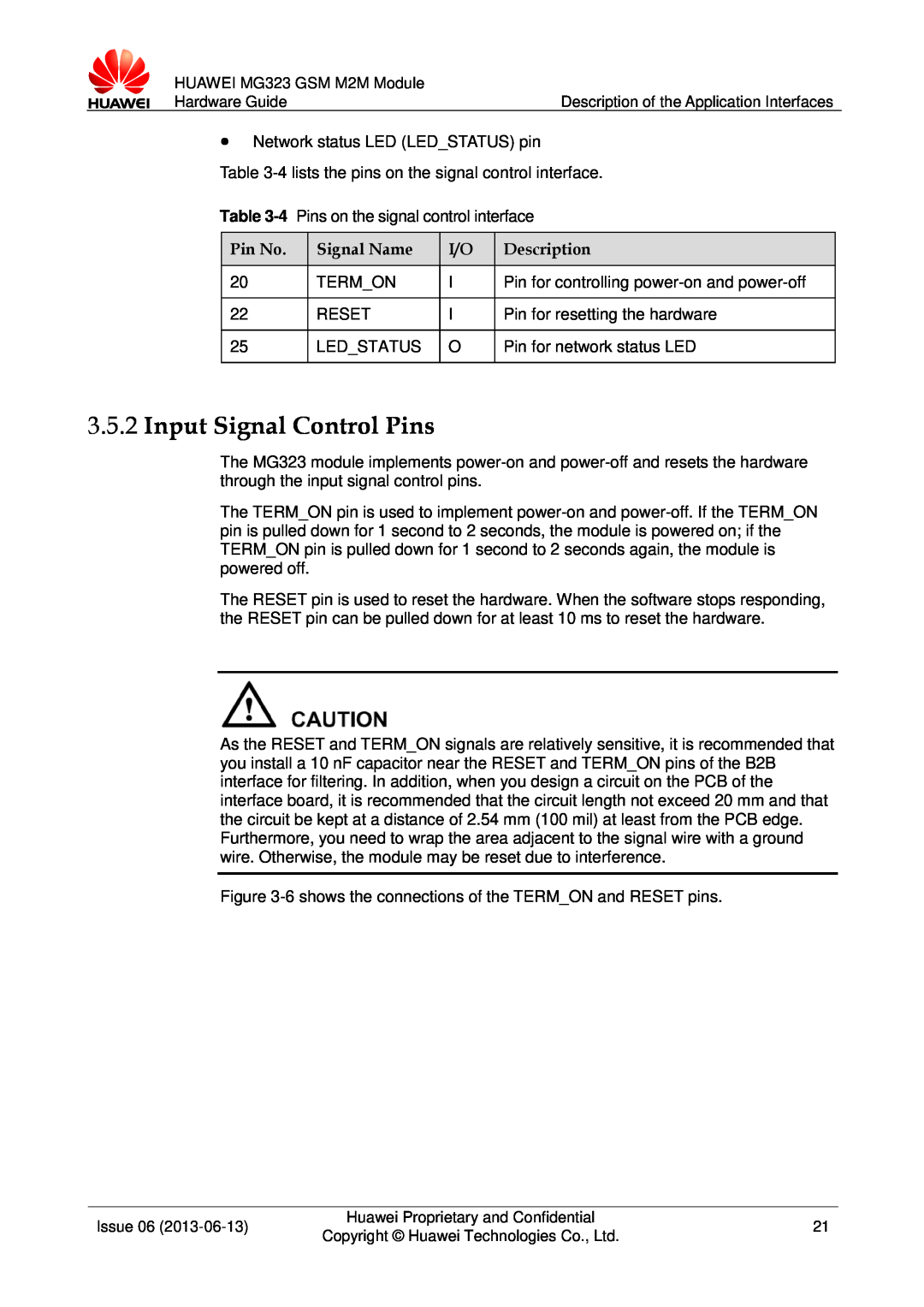 Huawei MG323 manual Input Signal Control Pins, Pin No, Signal Name, Description 