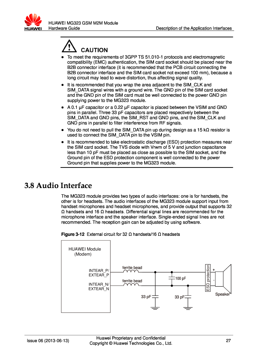 Huawei MG323 manual Audio Interface 