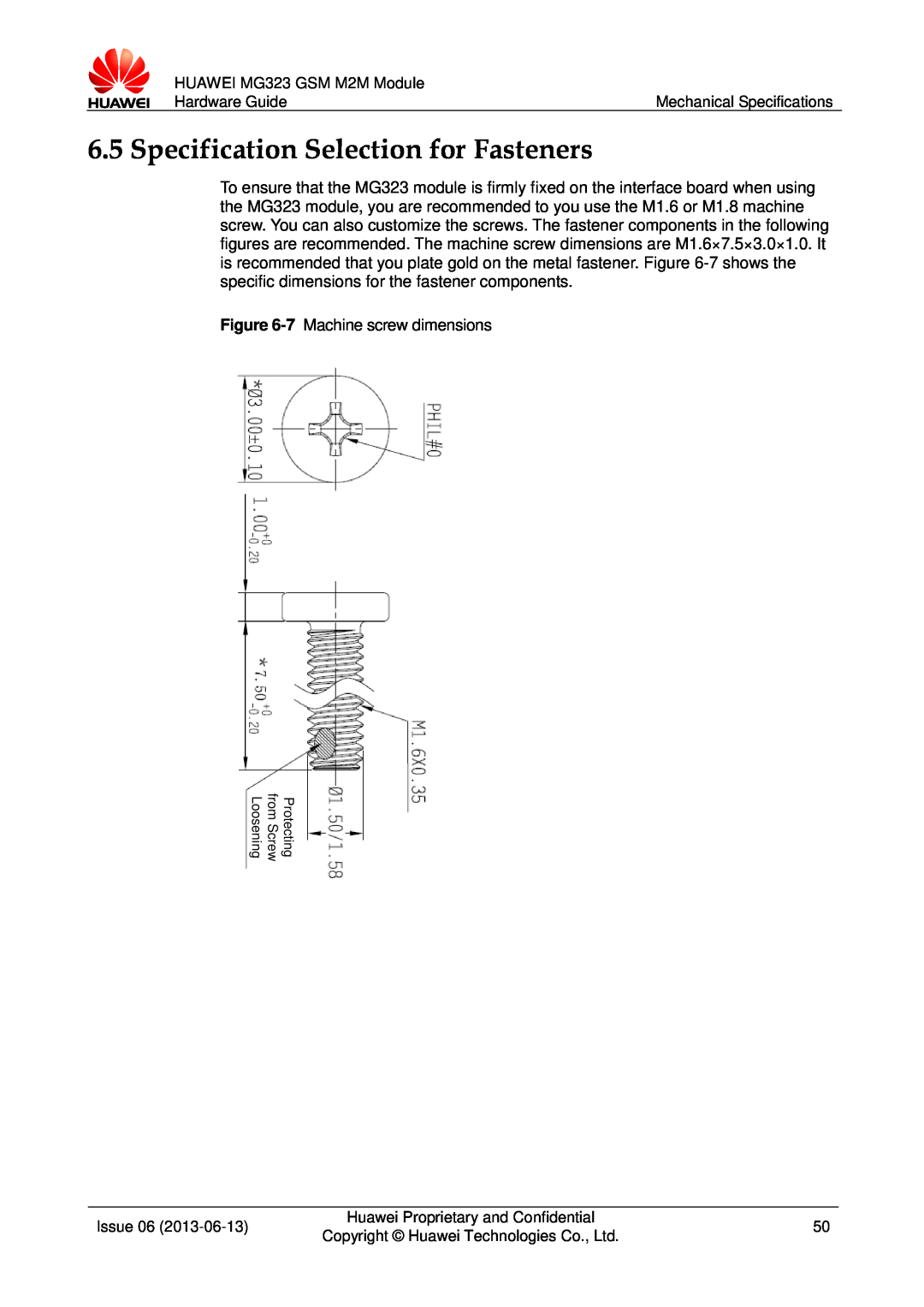 Huawei MG323 manual Specification Selection for Fasteners 