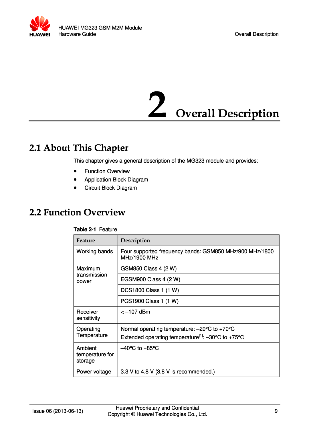 Huawei MG323 manual Overall Description, About This Chapter, Function Overview, 1 Feature 