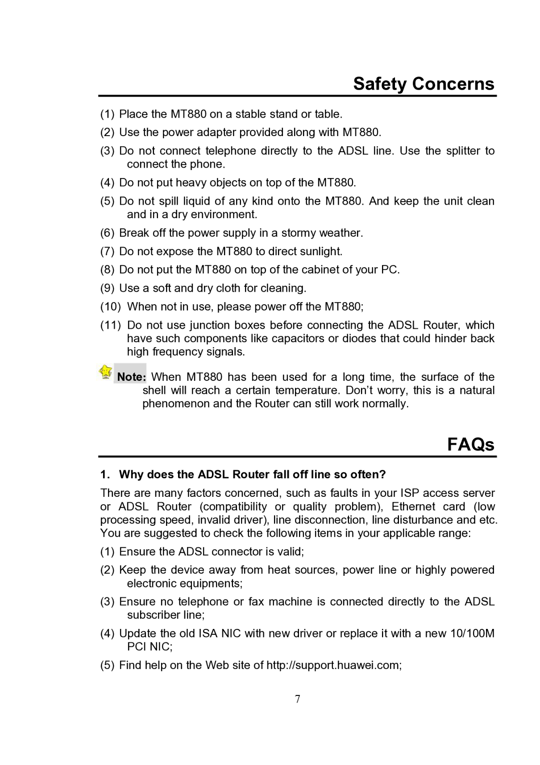 Huawei MT880 manual Safety Concerns, FAQs, Why does the Adsl Router fall off line so often? 