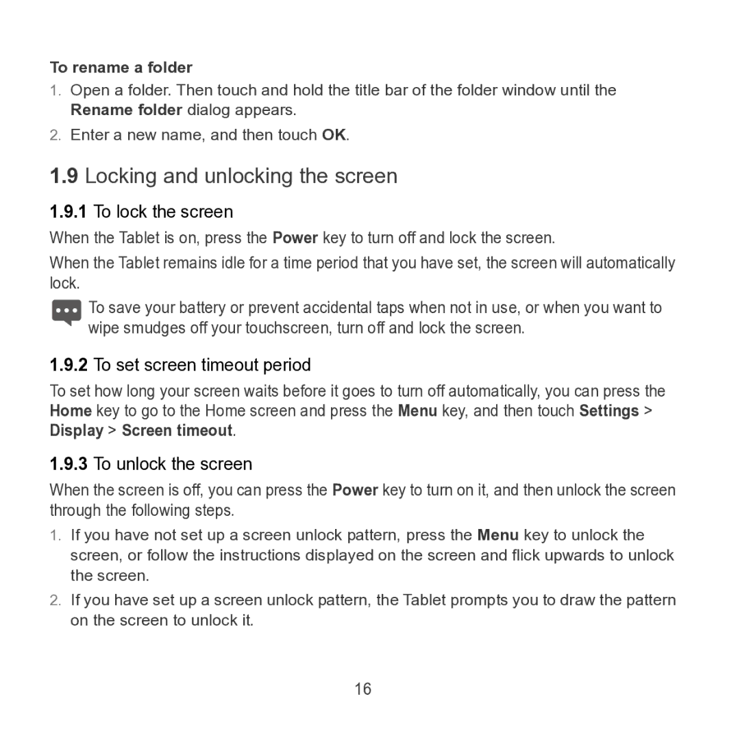 Huawei S7 SLIM Locking and unlocking the screen, To rename a folder, To lock the screen, To set screen timeout period 