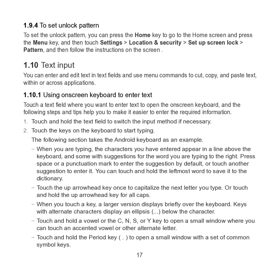 Huawei S7 SLIM manual Text input, To set unlock pattern, Using onscreen keyboard to enter text 