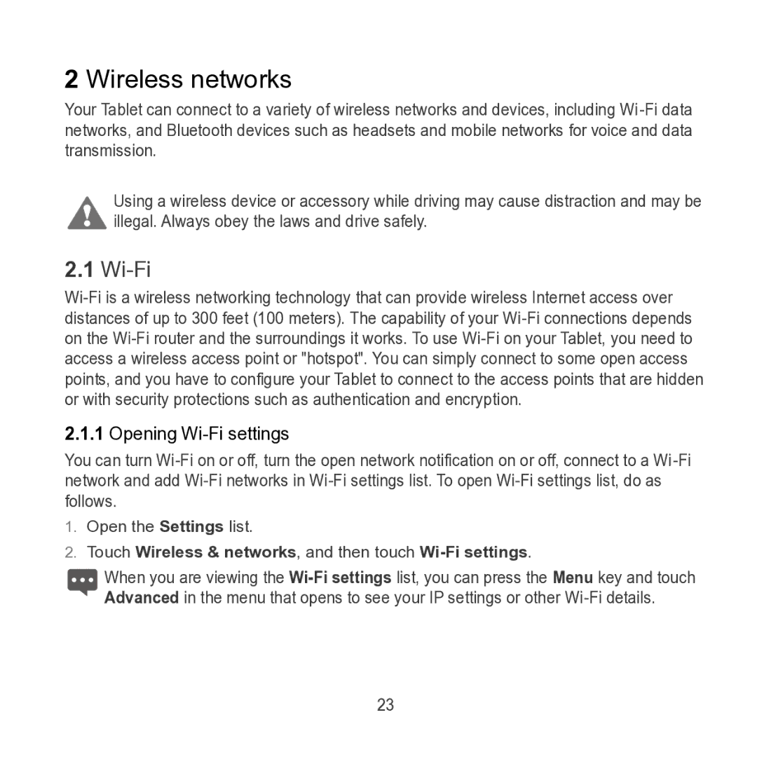 Huawei S7 SLIM Wireless networks, Opening Wi-Fi settings, Touch Wireless & networks, and then touch Wi-Fi settings 