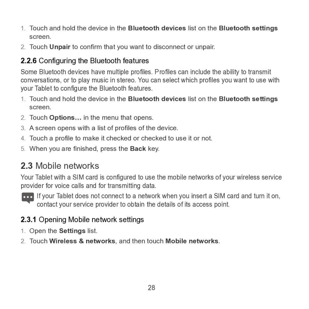 Huawei S7 SLIM manual Mobile networks, Configuring the Bluetooth features, Opening Mobile network settings 