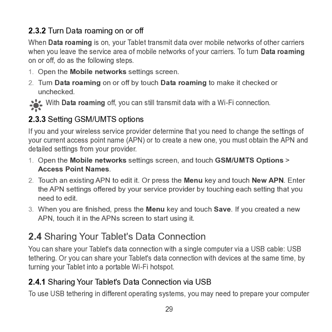 Huawei S7 SLIM manual Sharing Your Tablets Data Connection, Turn Data roaming on or off, Setting GSM/UMTS options 