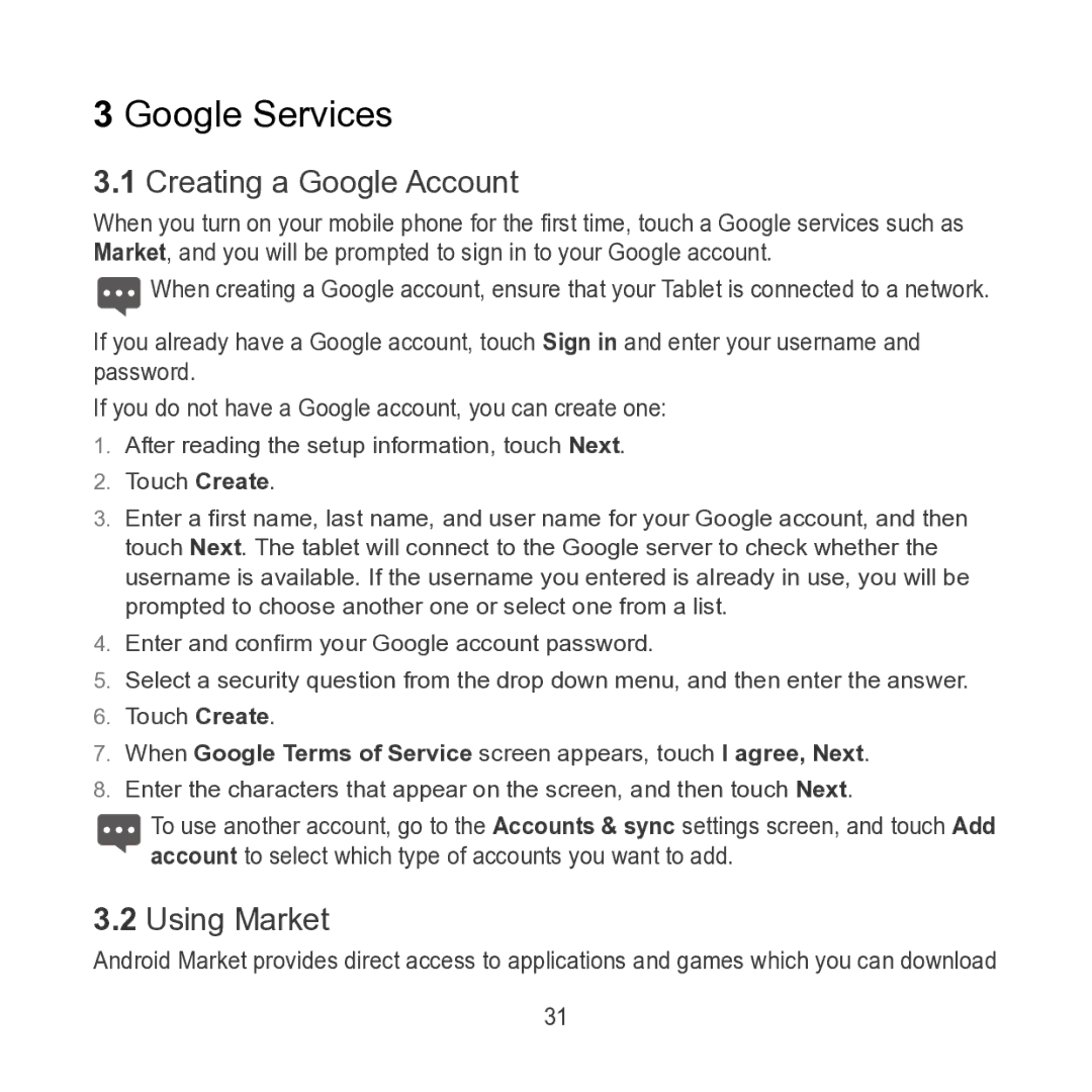 Huawei S7 SLIM manual Google Services, Creating a Google Account, Using Market 