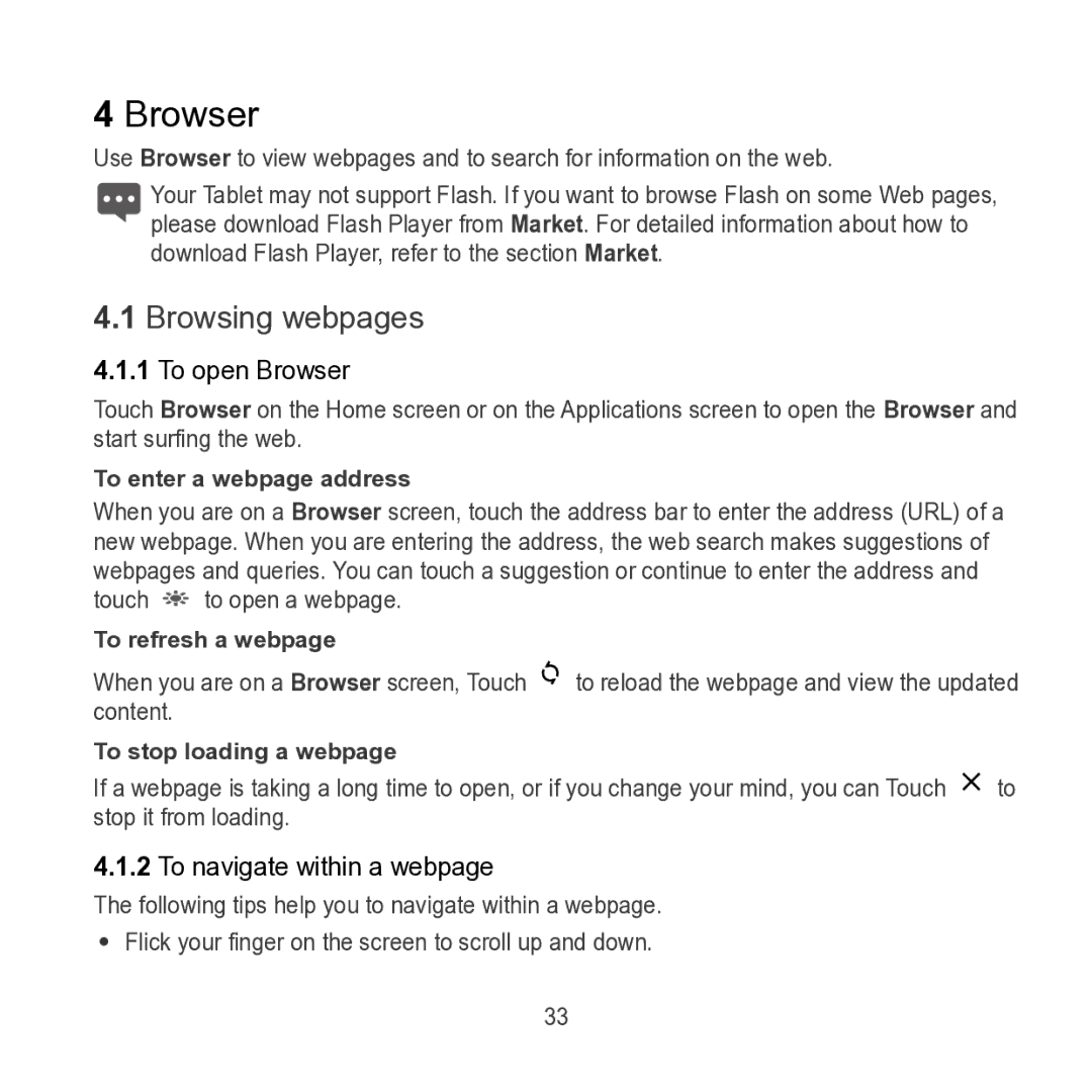 Huawei S7 SLIM Browser, Browsing webpages, To enter a webpage address, To refresh a webpage, To stop loading a webpage 