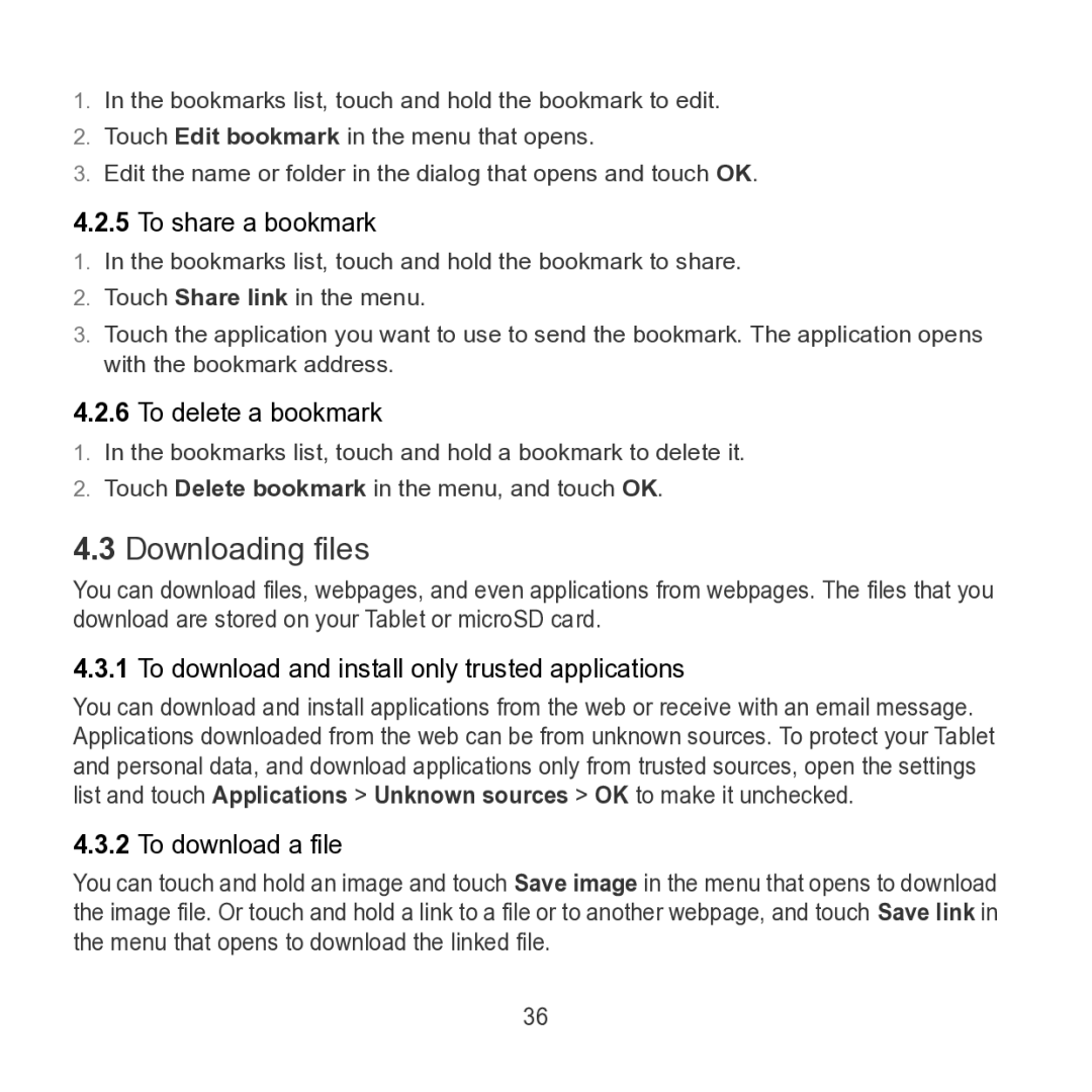 Huawei S7 SLIM manual Downloading files, To share a bookmark, To delete a bookmark, To download a file 