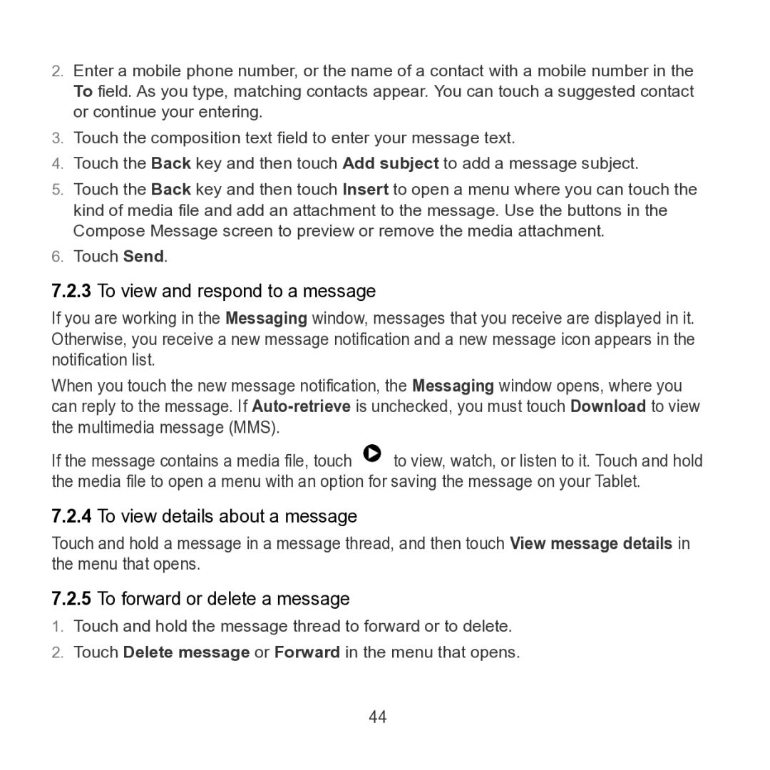 Huawei S7 SLIM manual To view and respond to a message, To view details about a message, To forward or delete a message 