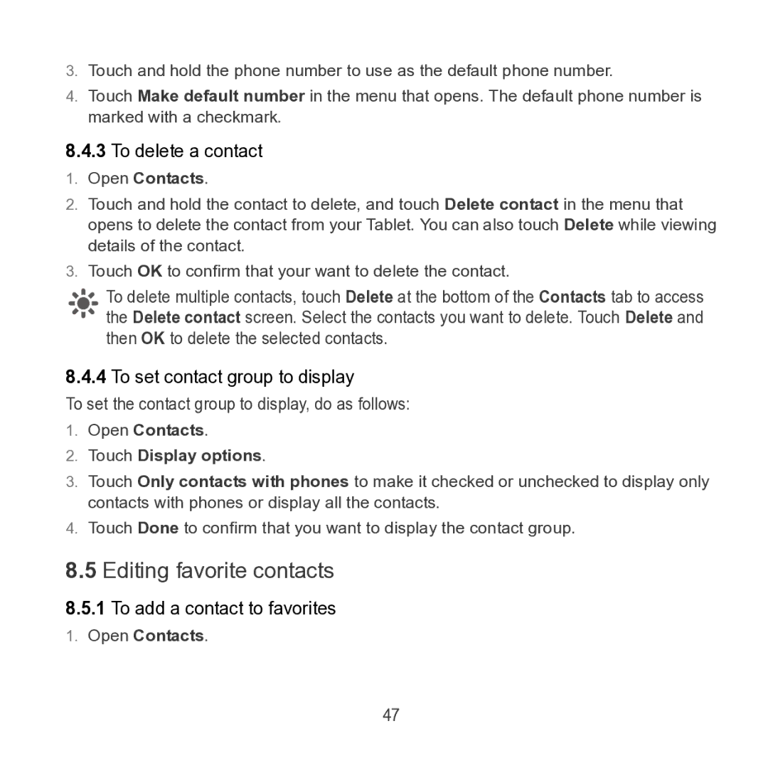 Huawei S7 SLIM manual Editing favorite contacts, To delete a contact, To set contact group to display 
