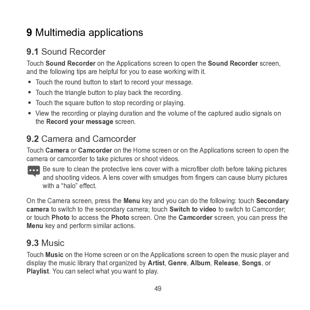 Huawei S7 SLIM manual Multimedia applications, Sound Recorder, Camera and Camcorder, Music 