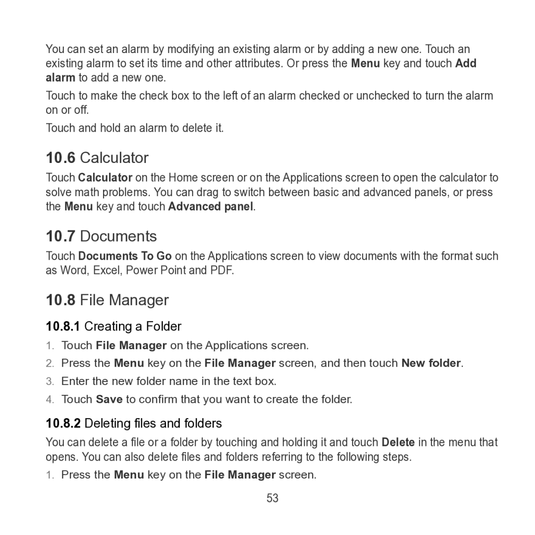 Huawei S7 SLIM manual Calculator, Documents File Manager, Creating a Folder, Deleting files and folders 