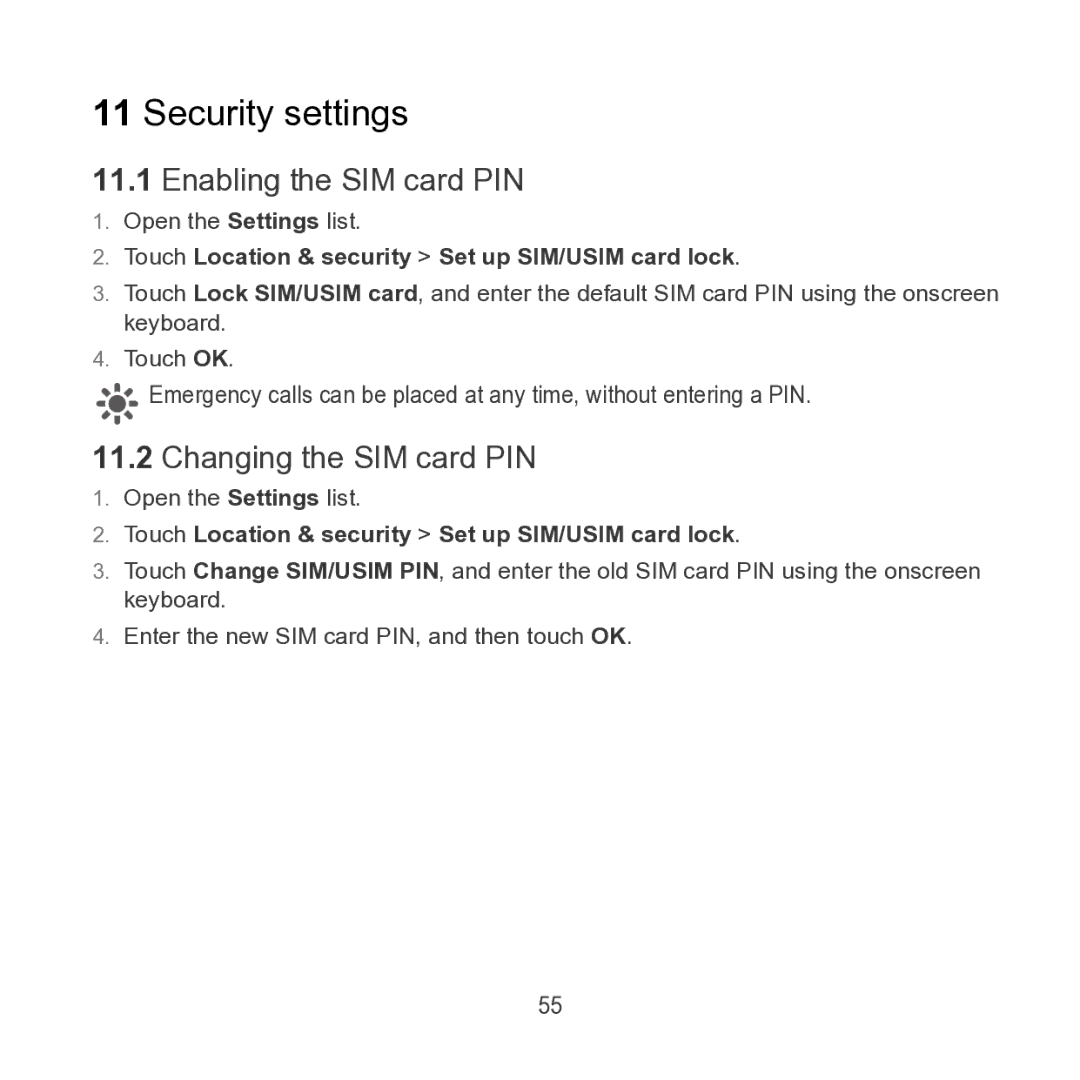 Huawei S7 SLIM manual Security settings, Enabling the SIM card PIN, Changing the SIM card PIN 