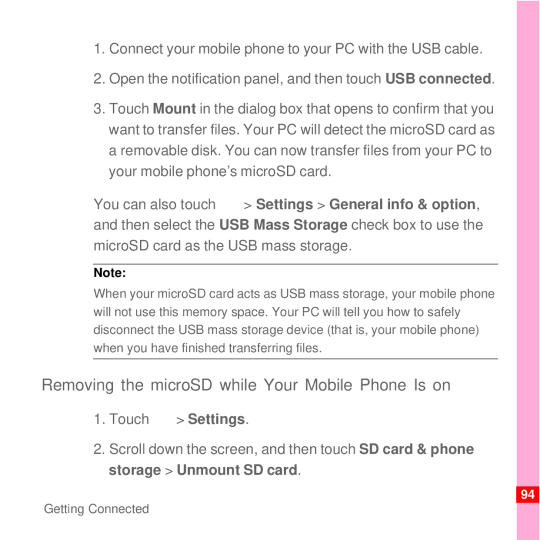 Huawei U8100 manual Removing the microSD while Your Mobile Phone Is on 