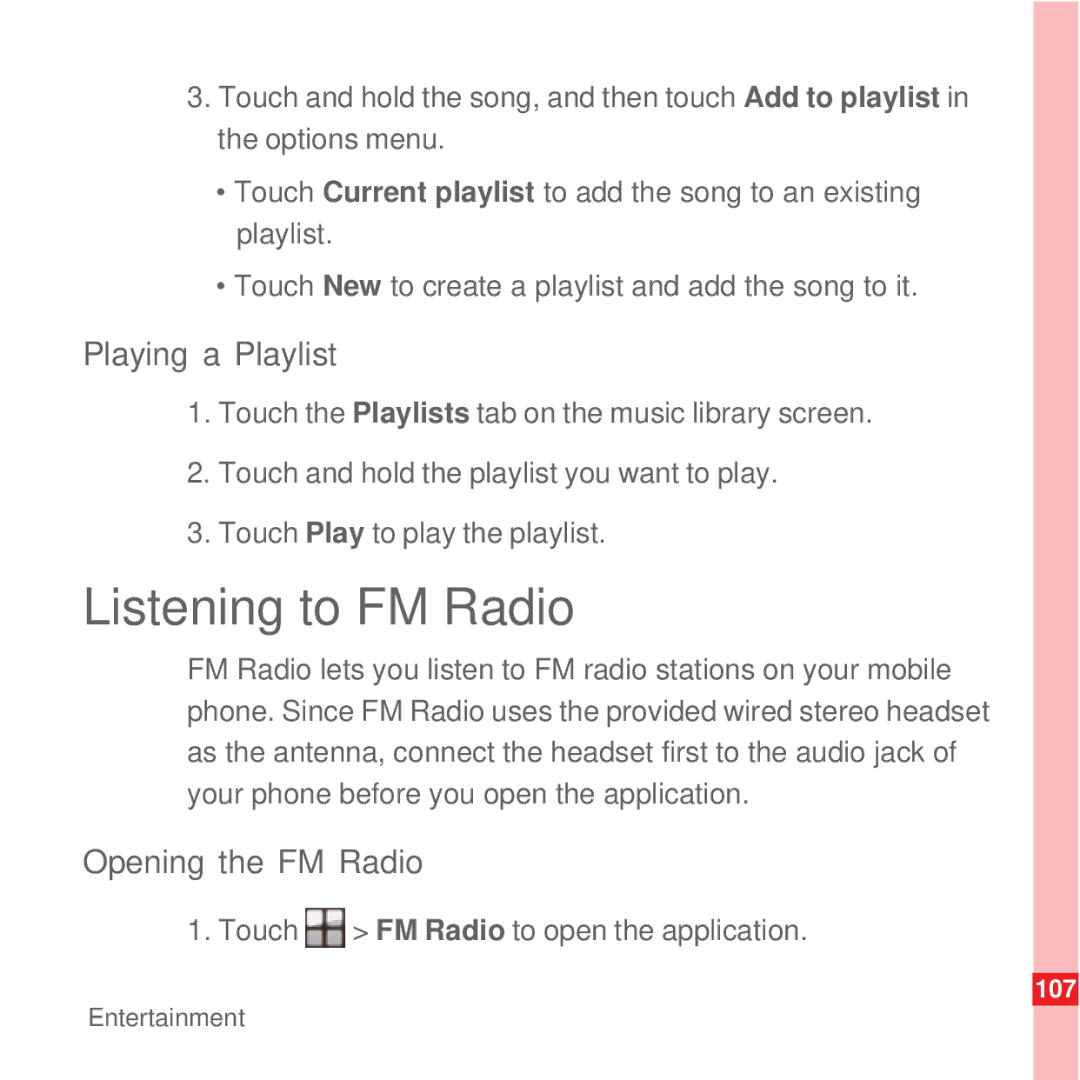 Huawei U8100 manual Listening to FM Radio, Playing a Playlist, Opening the FM Radio, Touch FM Radio to open the application 