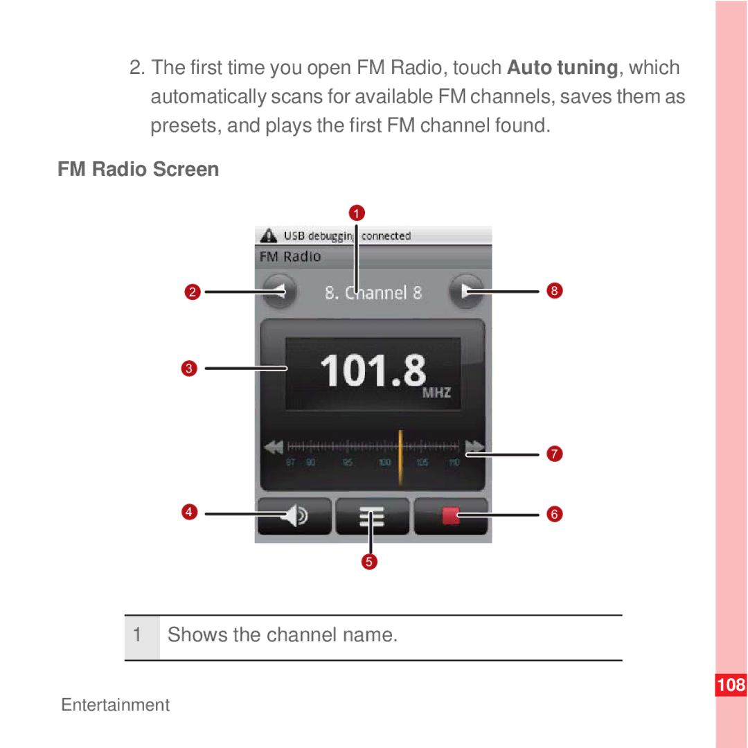 Huawei U8100 manual FM Radio Screen, Shows the channel name 