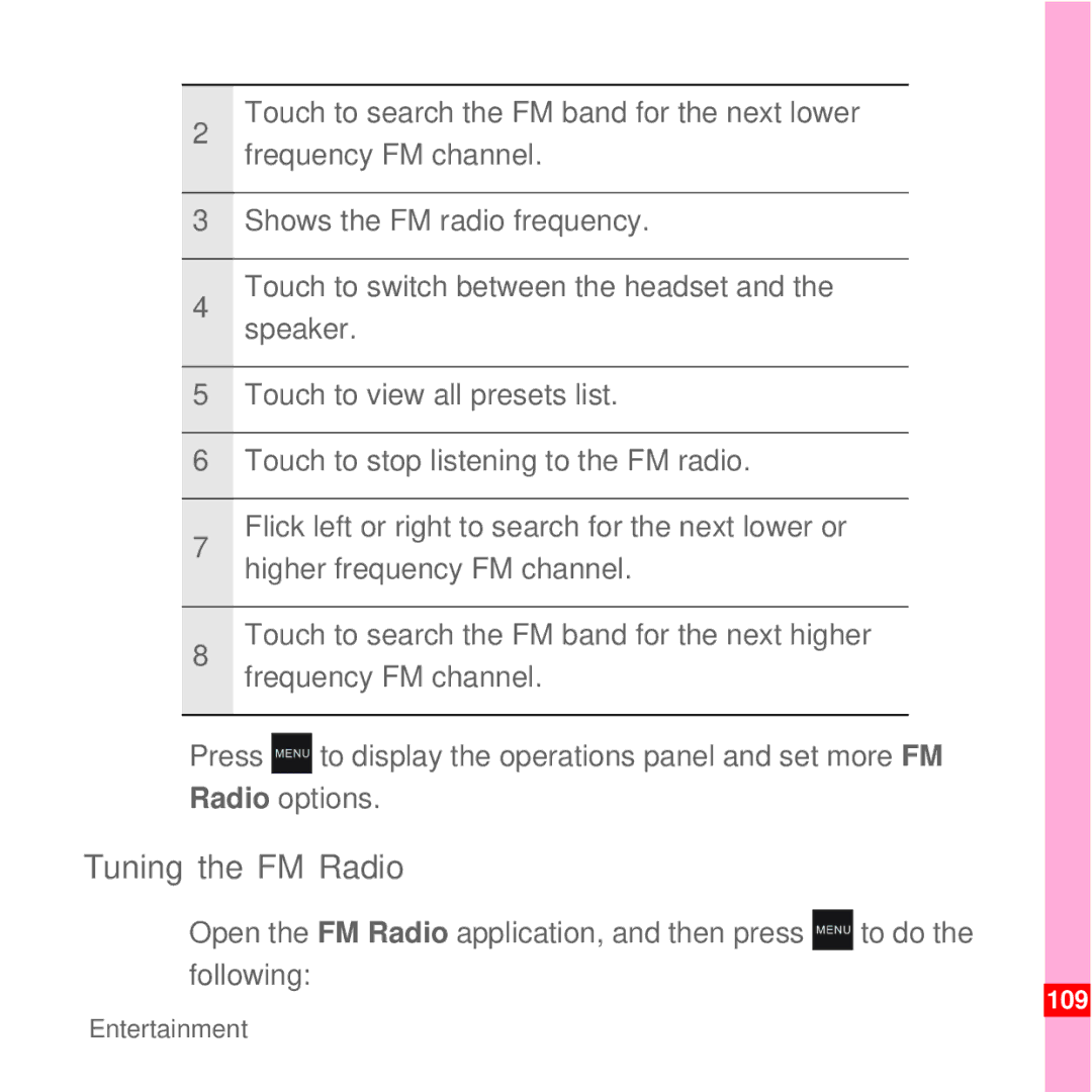 Huawei U8100 manual Tuning the FM Radio, 109 