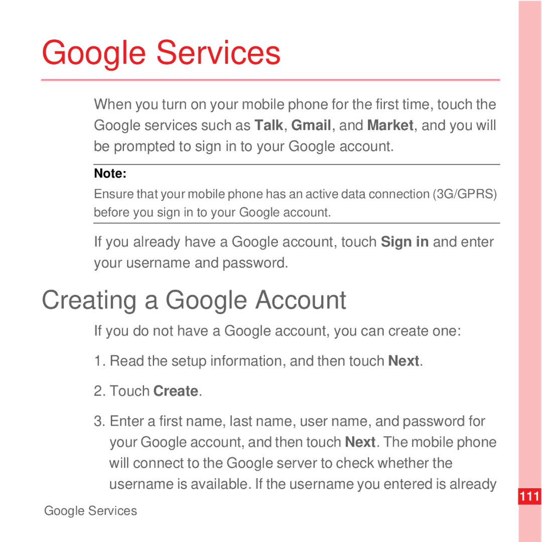 Huawei U8100 manual Google Services, Creating a Google Account 