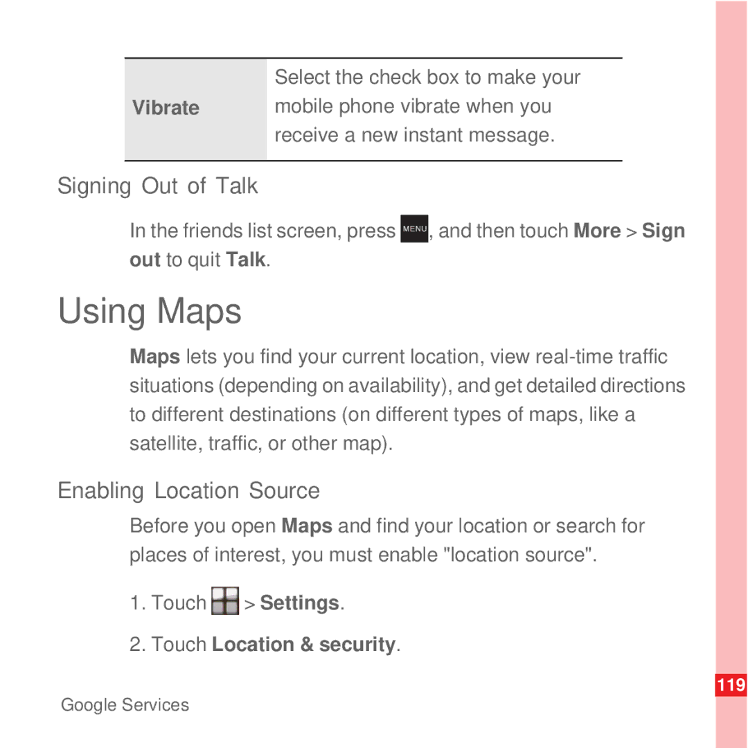 Huawei U8100 manual Using Maps, Signing Out of Talk, Enabling Location Source, Select the check box to make your 