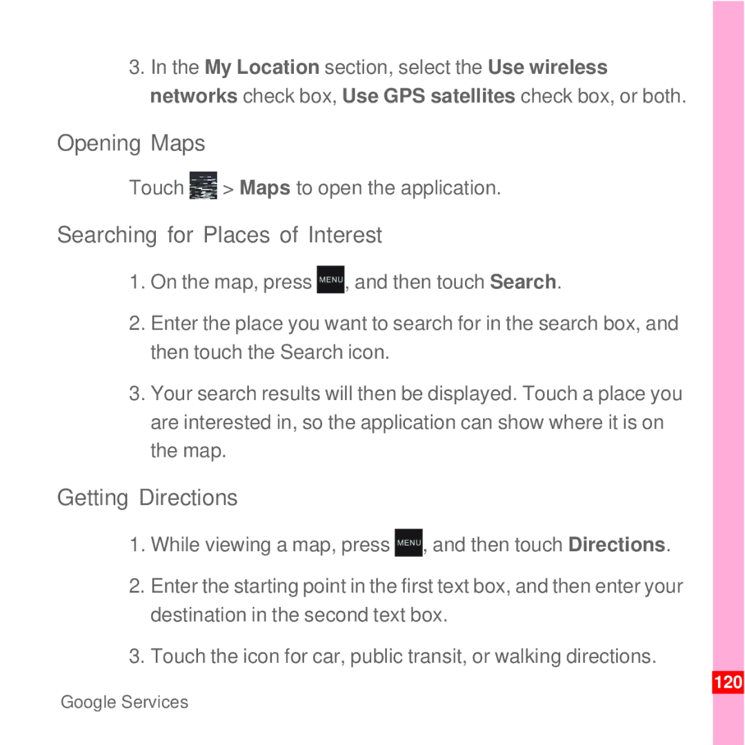 Huawei U8100 manual Opening Maps, Searching for Places of Interest, Getting Directions, Touch Maps to open the application 