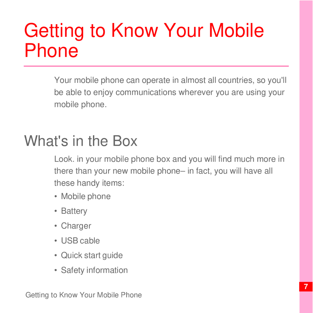 Huawei U8100 manual Getting to Know Your Mobile Phone, Whats in the Box 