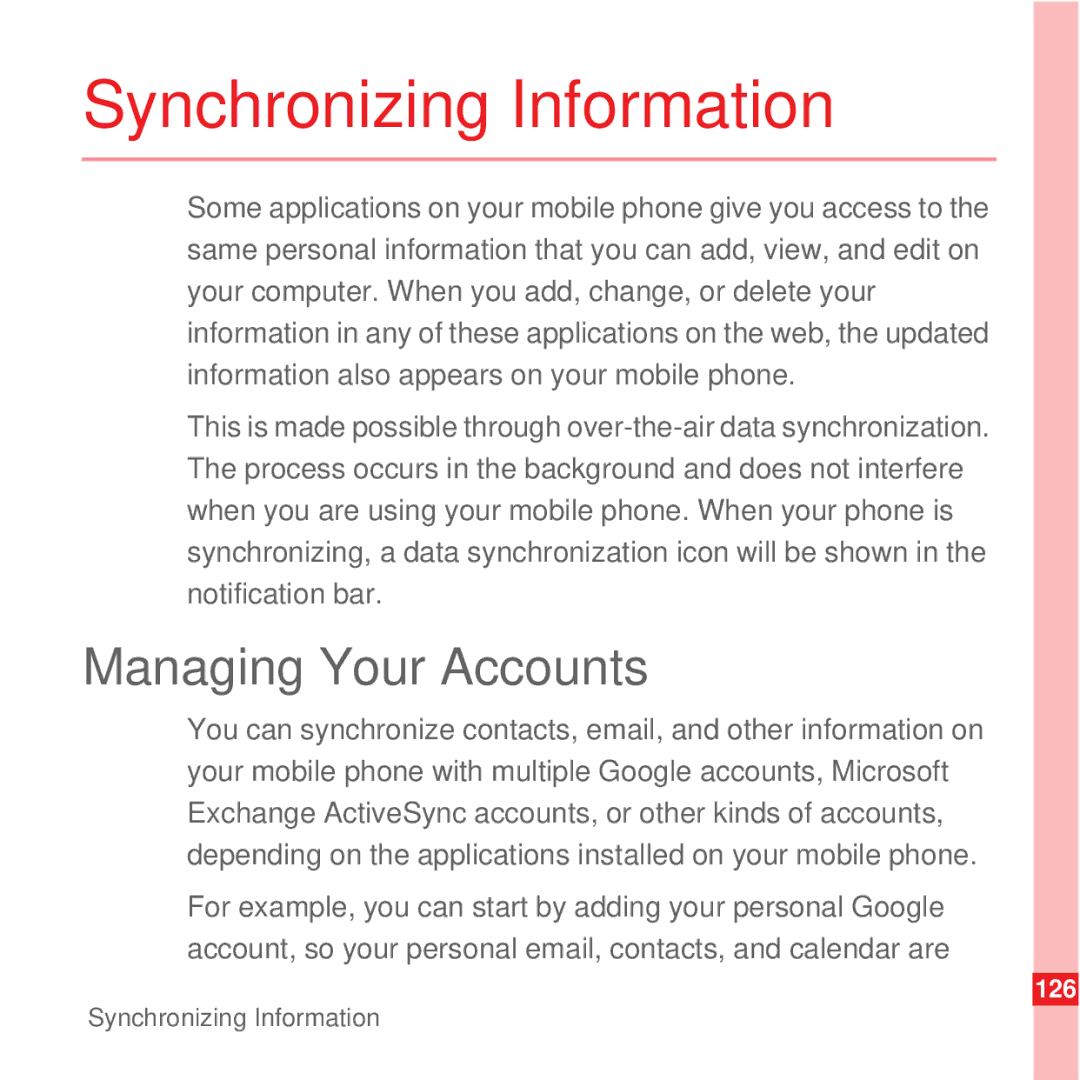 Huawei U8100 manual Synchronizing Information, Managing Your Accounts 