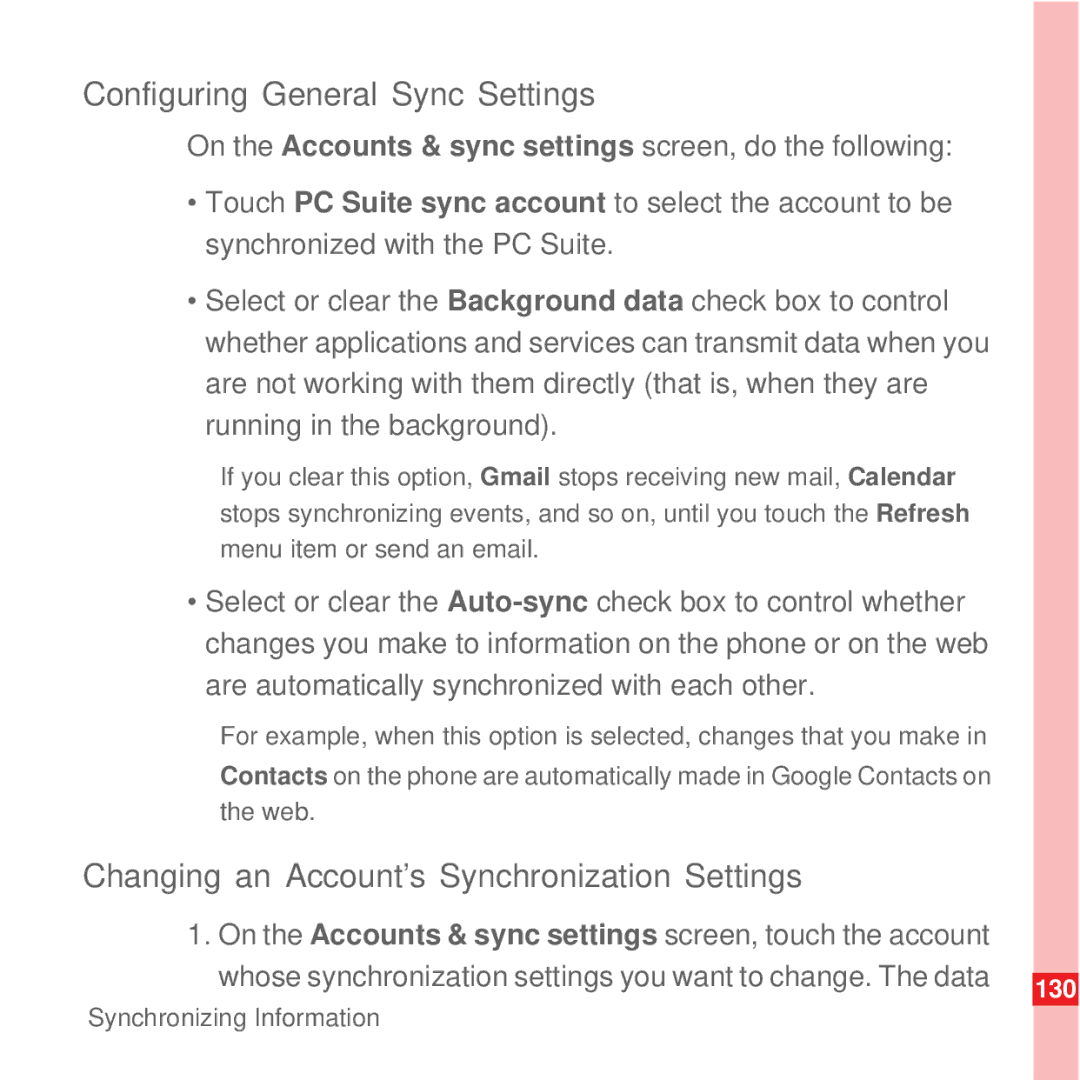 Huawei U8100 manual Configuring General Sync Settings, Changing an Account’s Synchronization Settings 