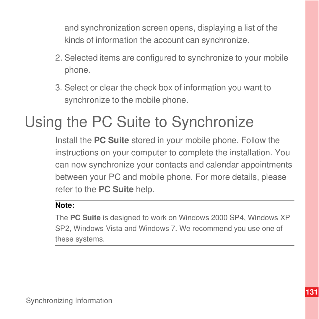 Huawei U8100 manual Using the PC Suite to Synchronize 