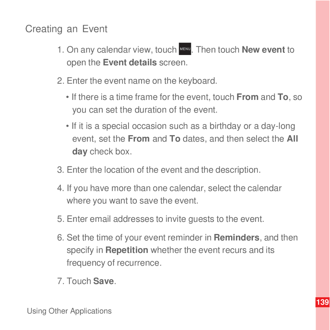 Huawei U8100 manual Creating an Event, 139 