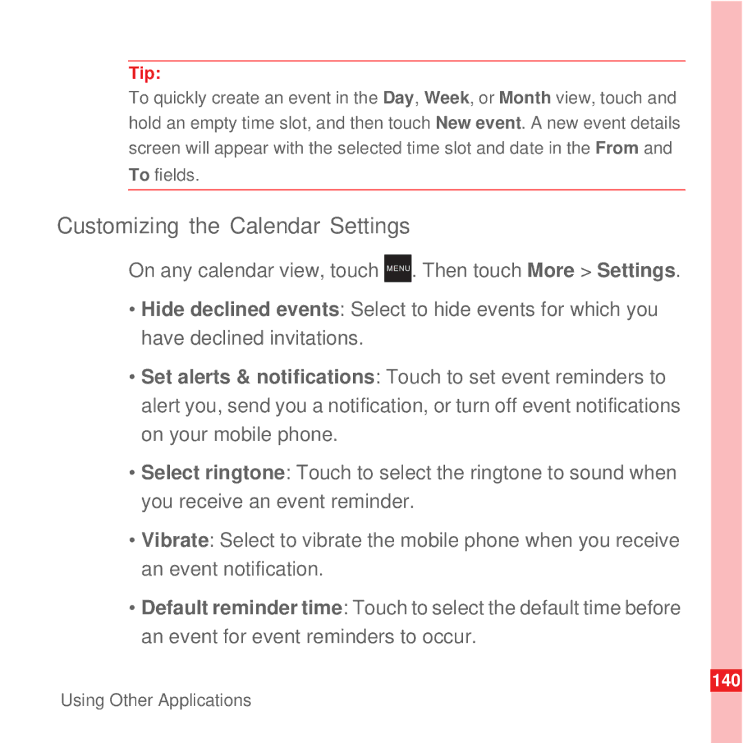 Huawei U8100 manual Customizing the Calendar Settings 