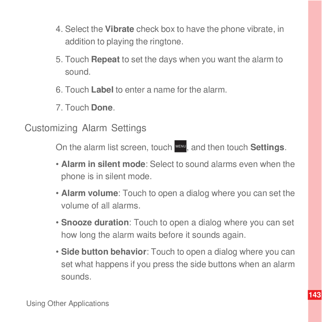 Huawei U8100 manual Customizing Alarm Settings 