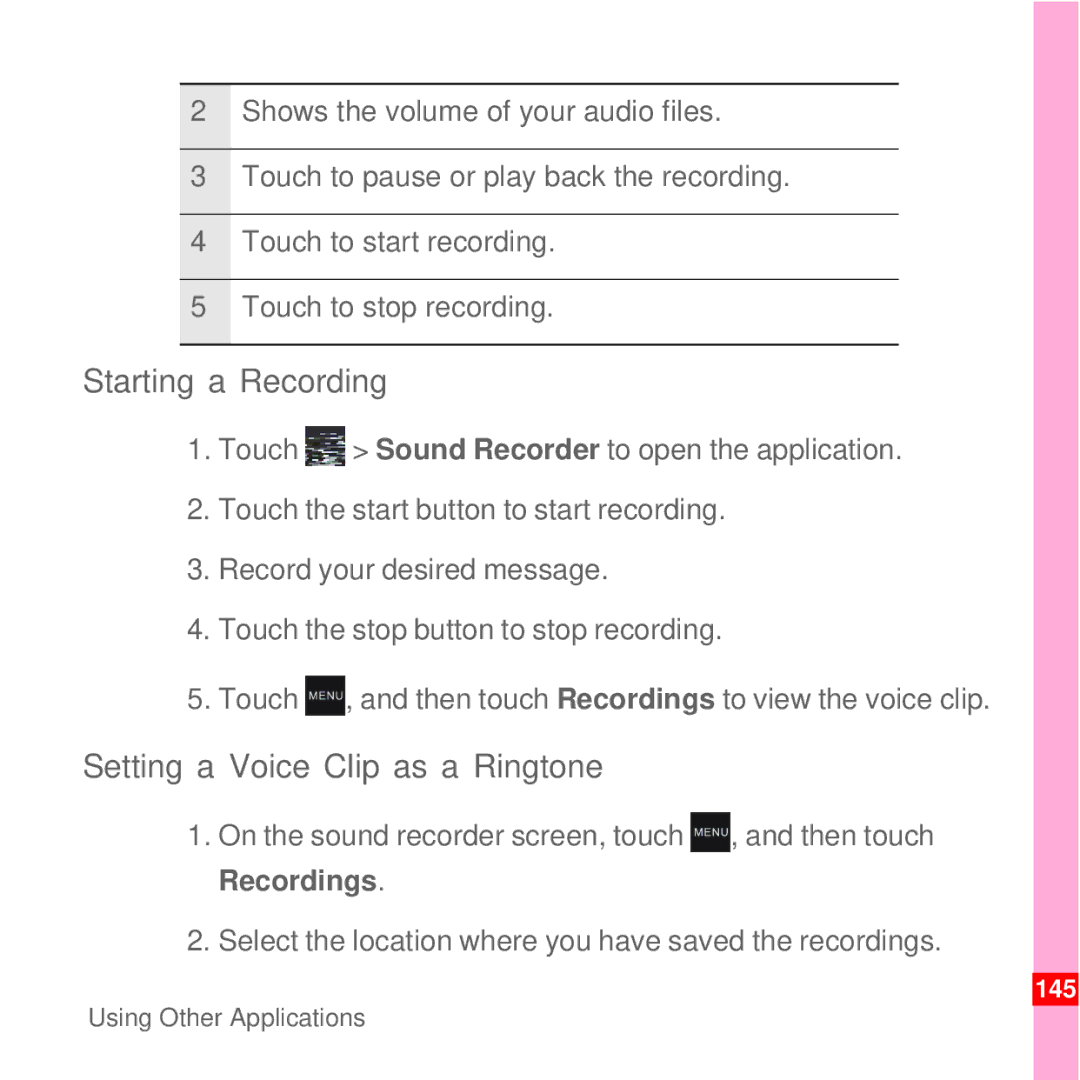 Huawei U8100 manual Starting a Recording, Setting a Voice Clip as a Ringtone 