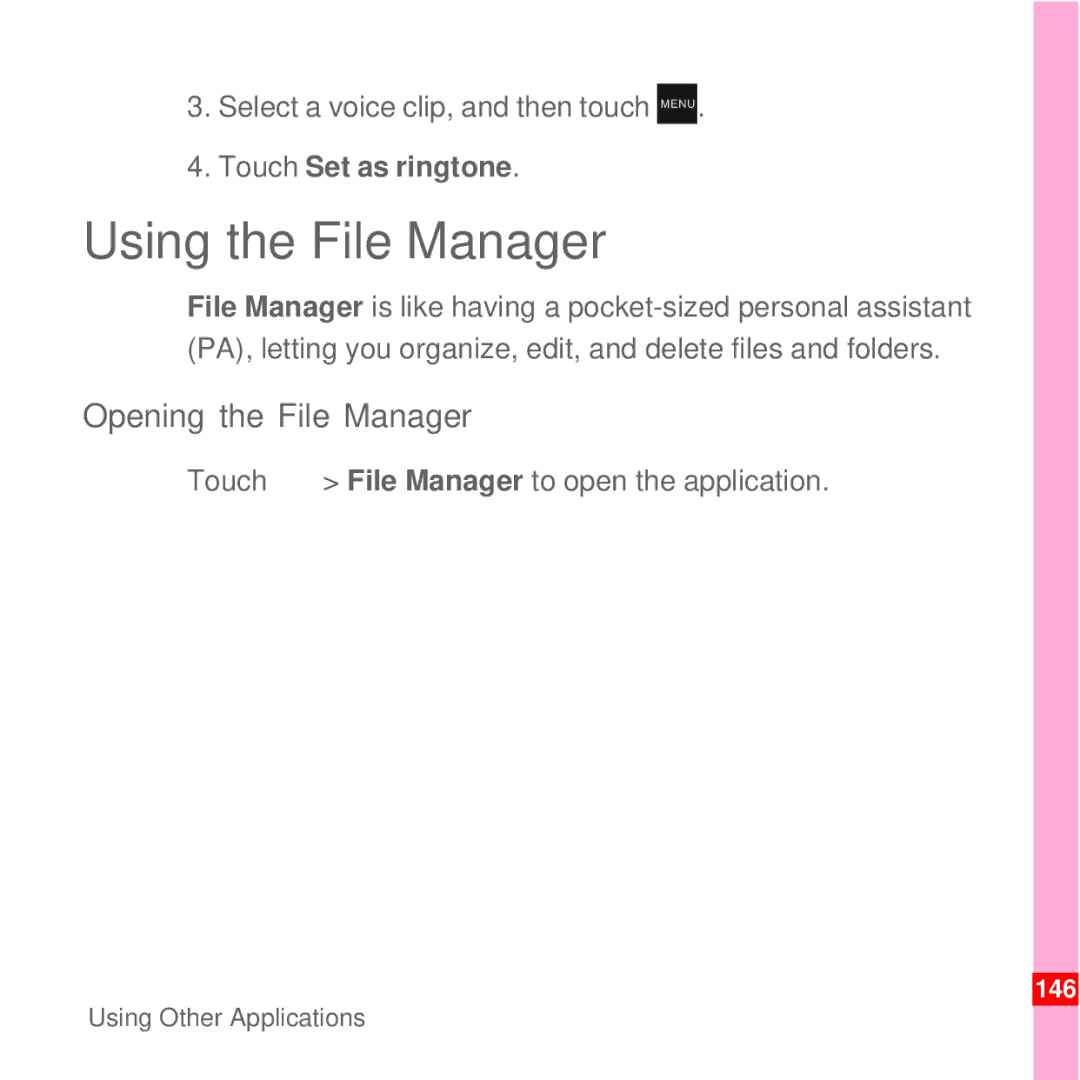 Huawei U8100 Using the File Manager, Opening the File Manager, Select a voice clip, and then touch, Touch Set as ringtone 