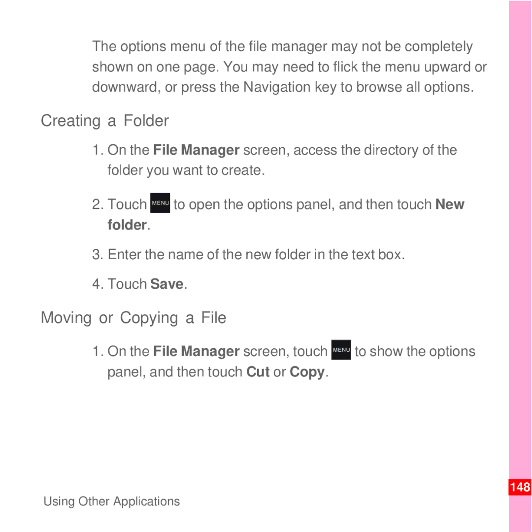 Huawei U8100 manual Creating a Folder, Moving or Copying a File 