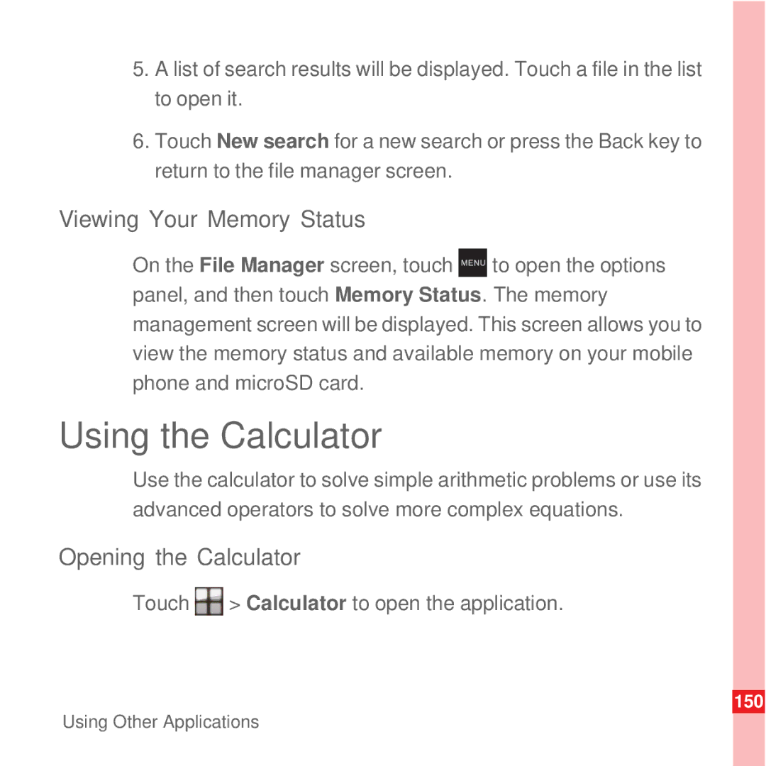 Huawei U8100 manual Using the Calculator, Viewing Your Memory Status, Opening the Calculator 