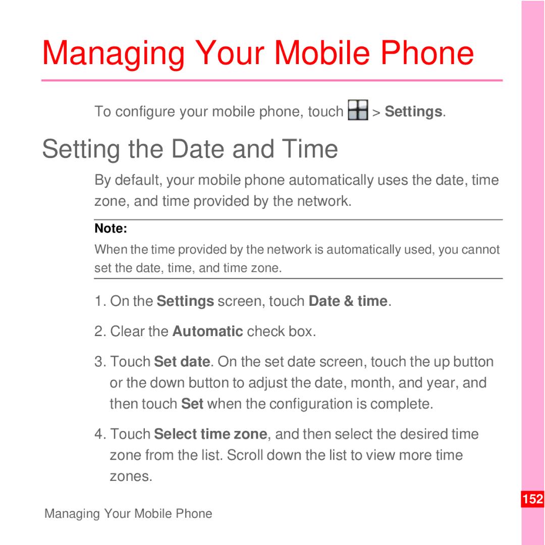 Huawei U8100 manual Managing Your Mobile Phone, Setting the Date and Time, To configure your mobile phone, touch Settings 