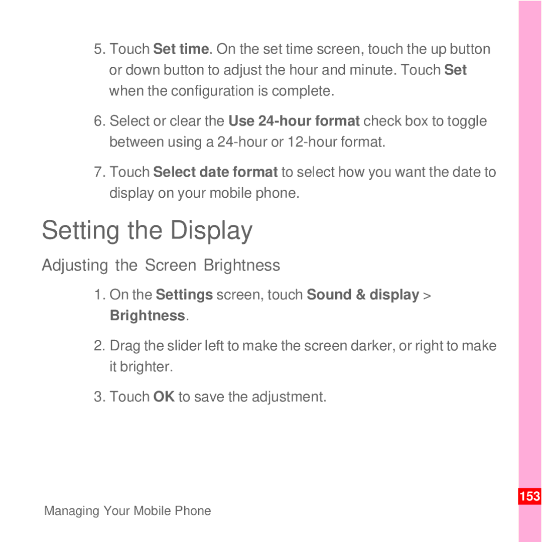 Huawei U8100 manual Setting the Display, Adjusting the Screen Brightness 