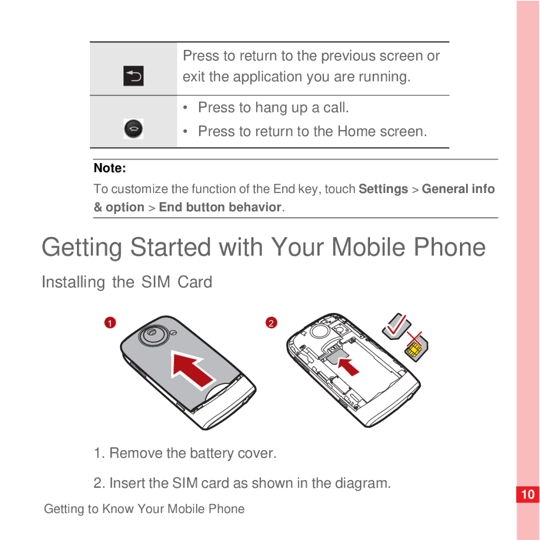 Huawei U8100 manual Getting Started with Your Mobile Phone, Installing the SIM Card 