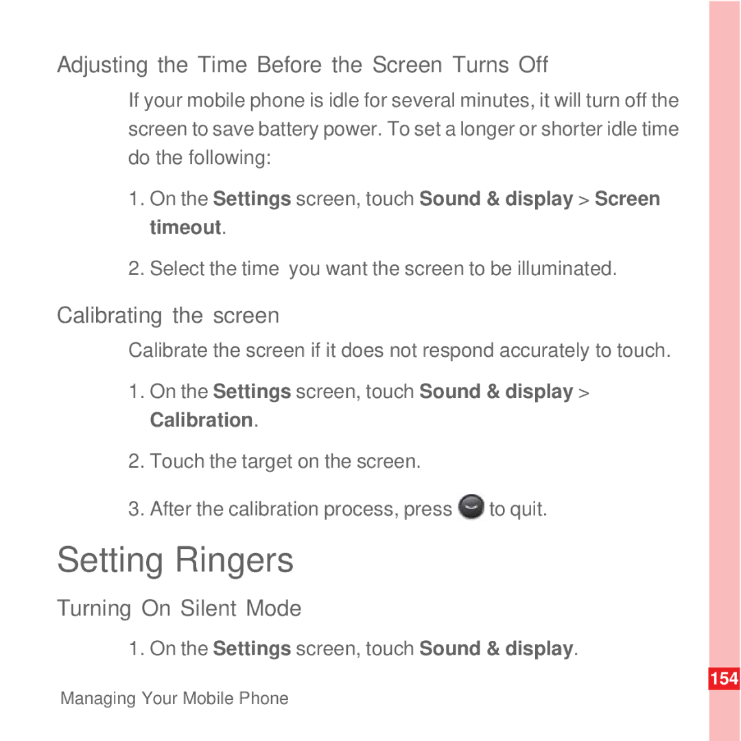 Huawei U8100 manual Setting Ringers, Adjusting the Time Before the Screen Turns Off, Calibrating the screen 