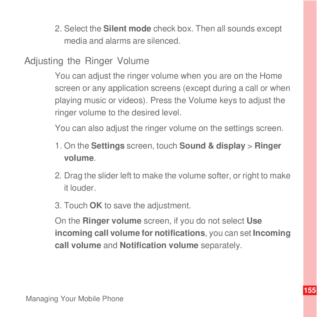 Huawei U8100 manual Adjusting the Ringer Volume, On the Settings screen, touch Sound & display Ringer volume 