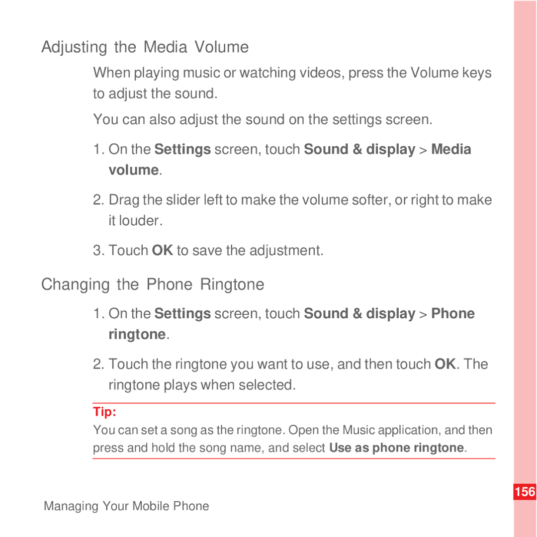 Huawei U8100 manual Adjusting the Media Volume, Changing the Phone Ringtone 