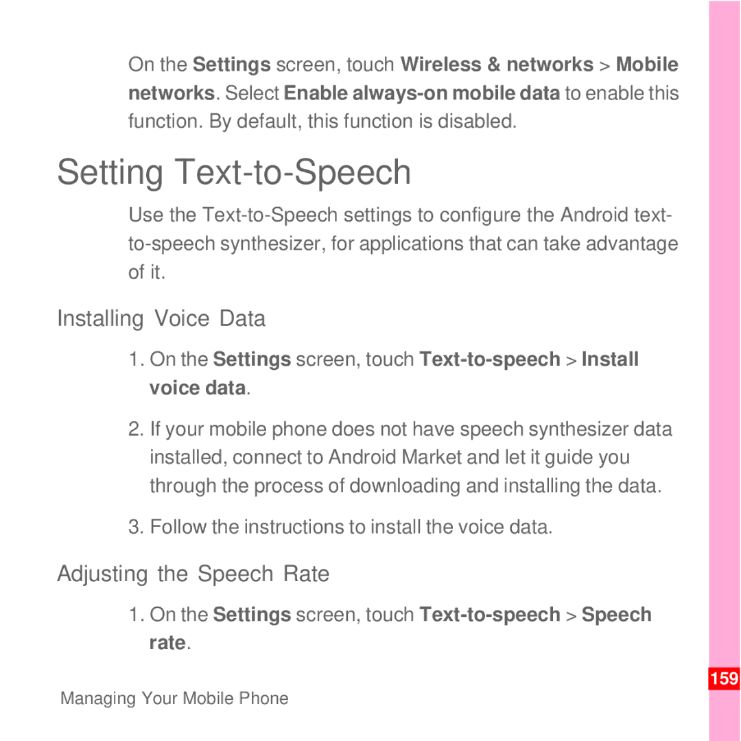 Huawei U8100 manual Setting Text-to-Speech, Installing Voice Data, Adjusting the Speech Rate 