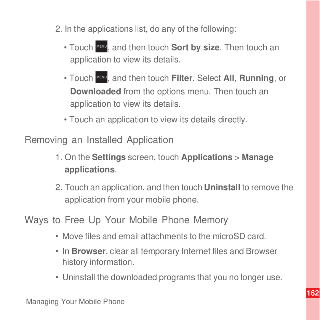 Huawei U8100 manual Removing an Installed Application, Ways to Free Up Your Mobile Phone Memory 