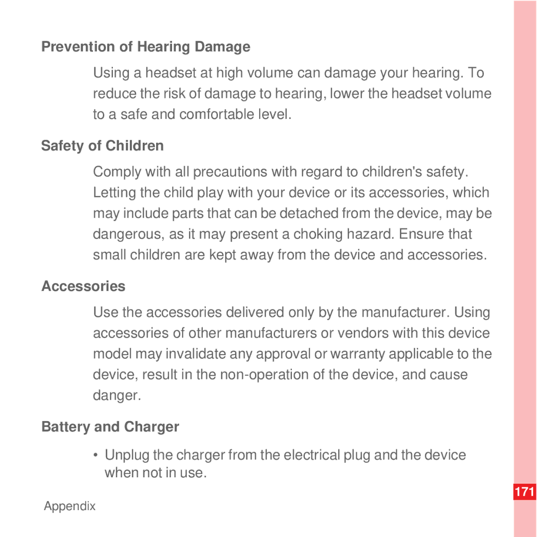 Huawei U8100 manual Prevention of Hearing Damage, Safety of Children, Accessories, Battery and Charger 