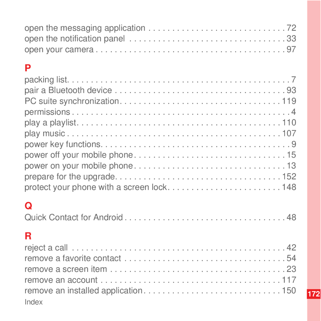 Huawei U8100 manual Quick Contact for Android, 117, 150 