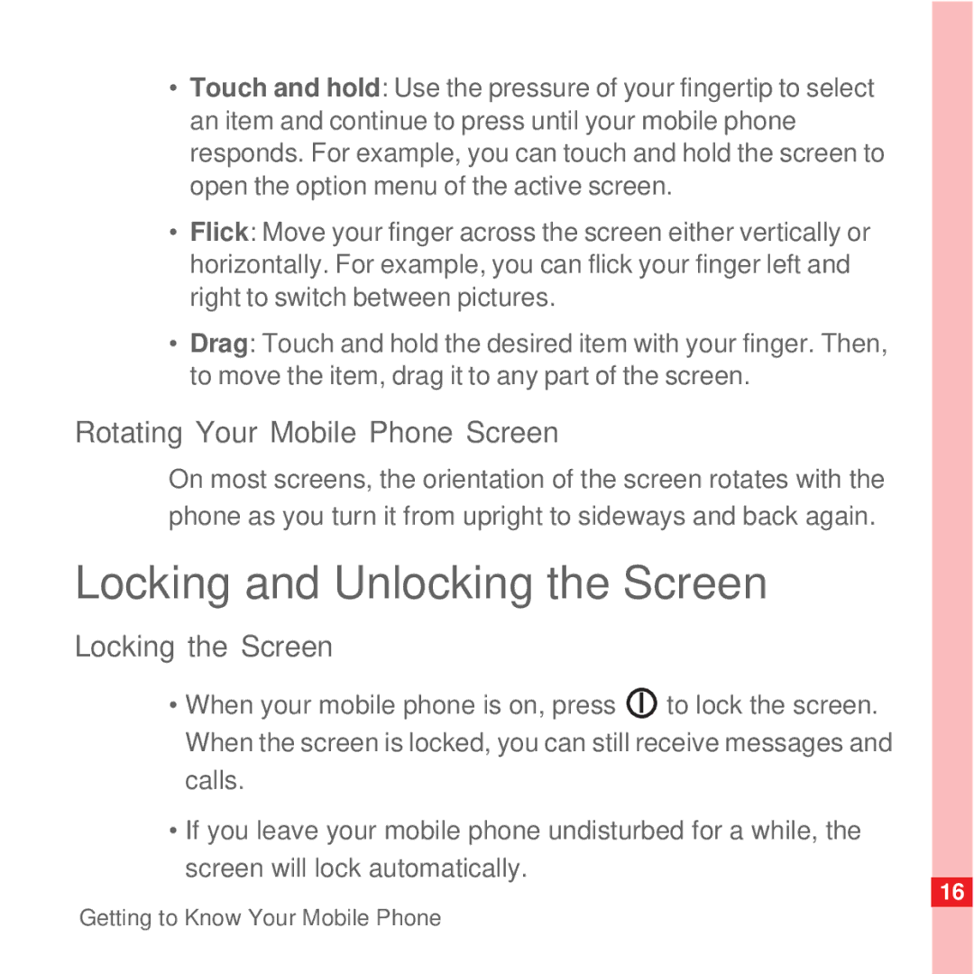 Huawei U8100 manual Locking and Unlocking the Screen, Rotating Your Mobile Phone Screen, Locking the Screen 